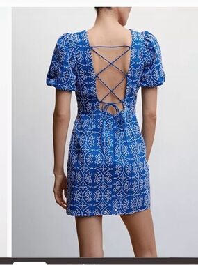 MANGO
Women's Embroidered Open Back
Lace-Up back dress in blue, guc, sz 10